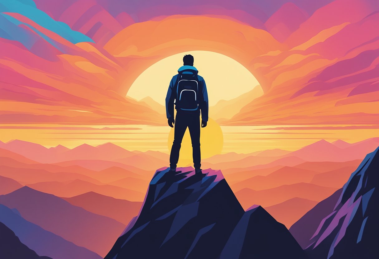 A lone figure stands atop a mountain peak, gazing out at a vibrant sunrise, symbolizing strength and resilience in the face of adversity