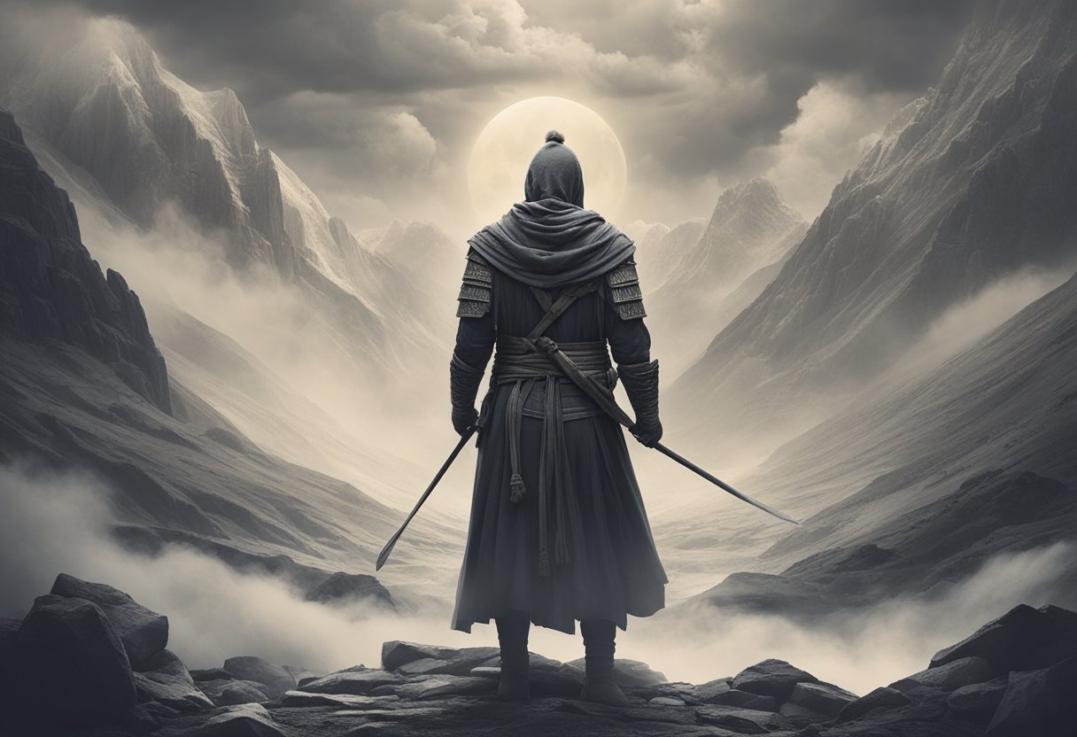 A lone figure stands strong, surrounded by symbols of strength and resilience. The warrior's journey to find purpose is depicted through powerful imagery