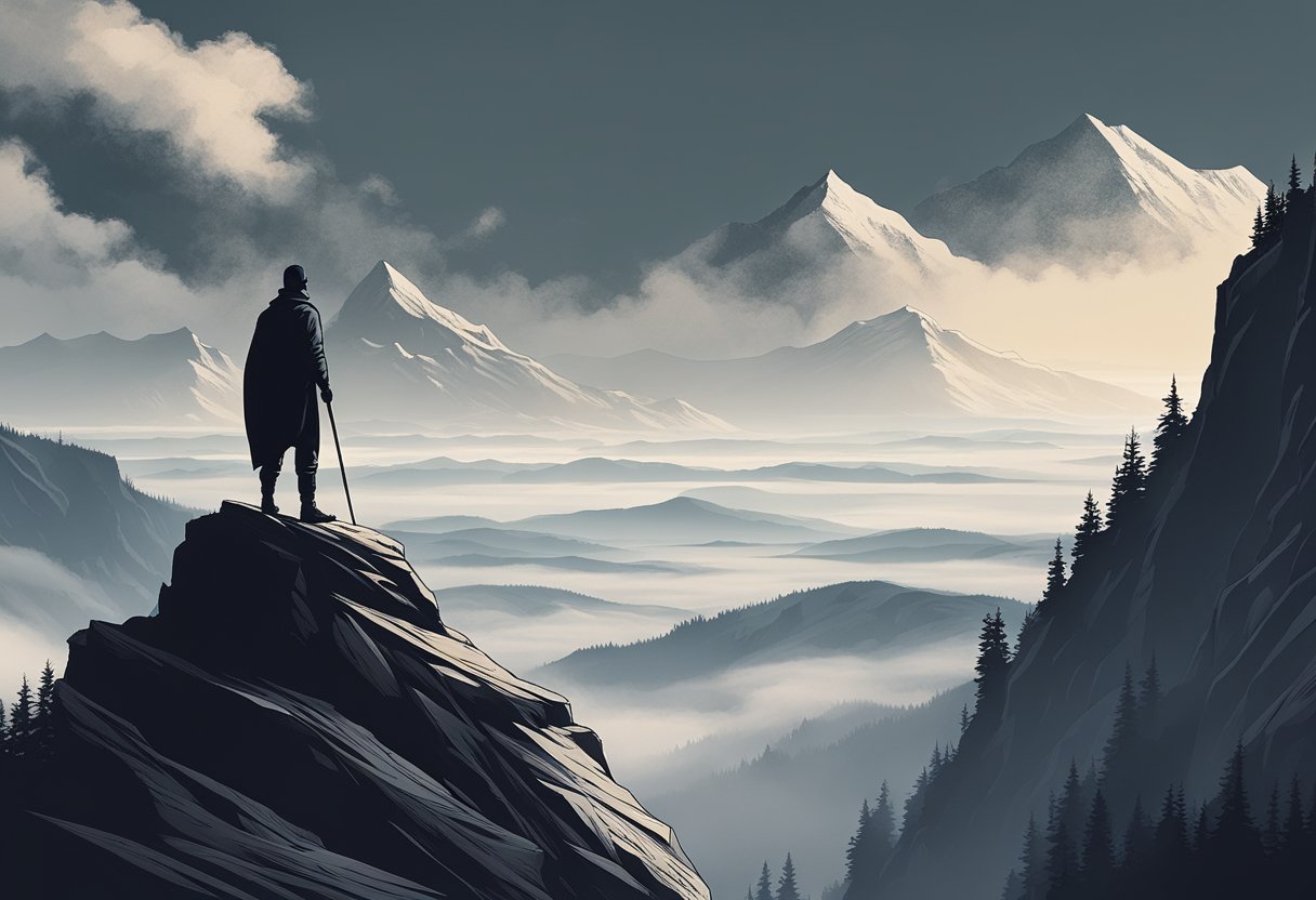 A lone figure stands atop a mountain peak, gazing out at the vast landscape below, a symbol of strength and determination in the face of adversity