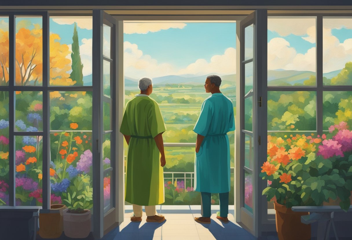 A man in a hospital gown stands at a window, gazing out at a vibrant garden. A sense of determination and hope radiates from his posture
