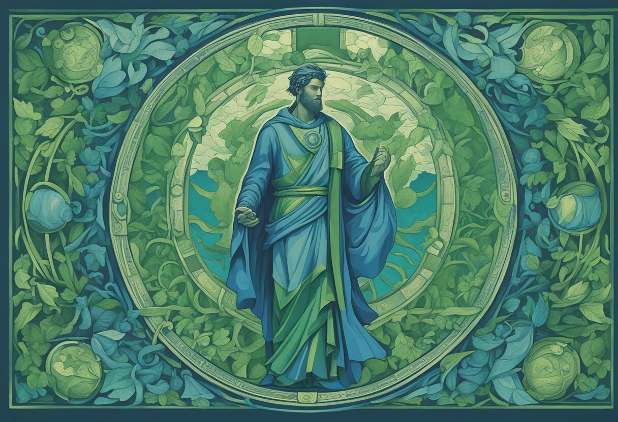 A male figure stands strong, surrounded by symbols of strength and hope. Blue and green hues dominate, with a ribbon as a focal point
