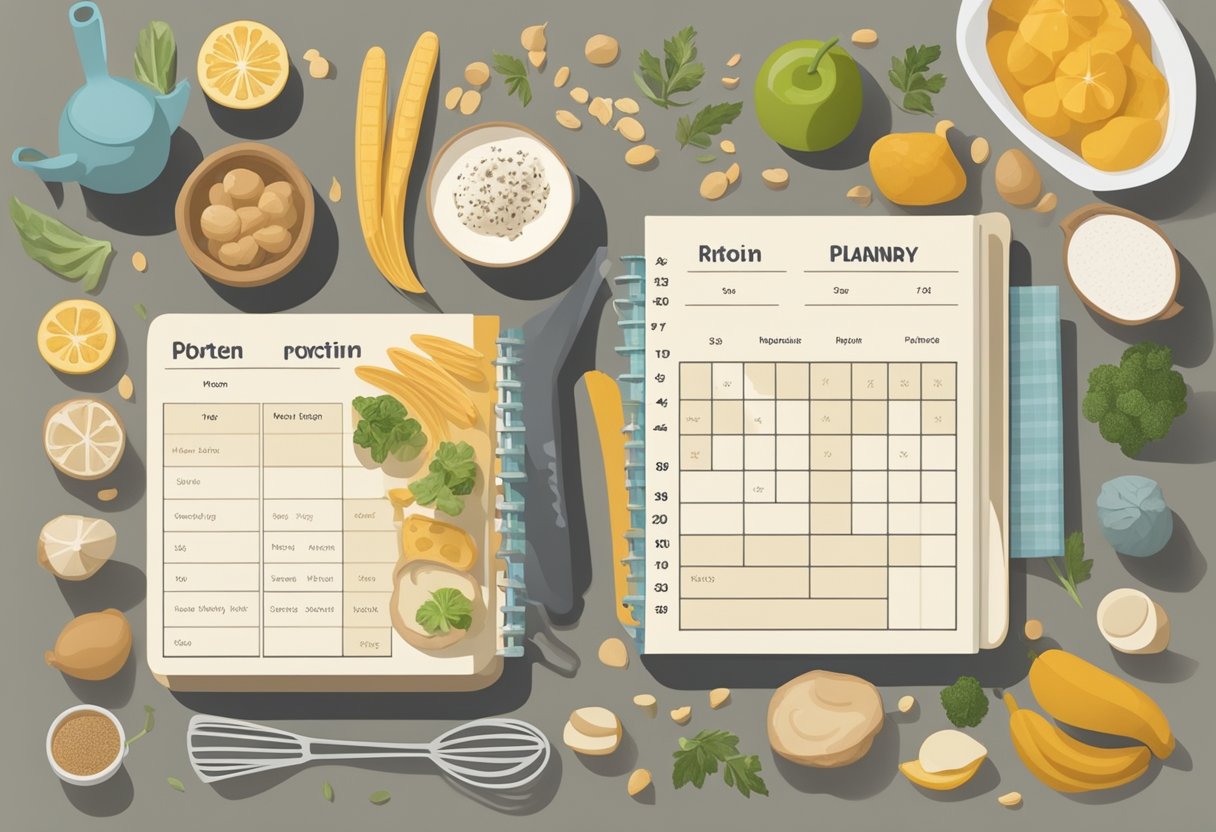 A kitchen counter with various protein-rich foods and cooking utensils, surrounded by a calendar and meal planning notebook