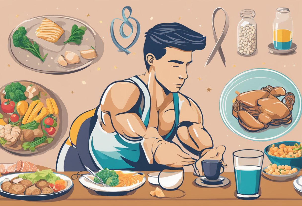 A table set with protein-rich foods, a man exercising, and a cancer awareness ribbon