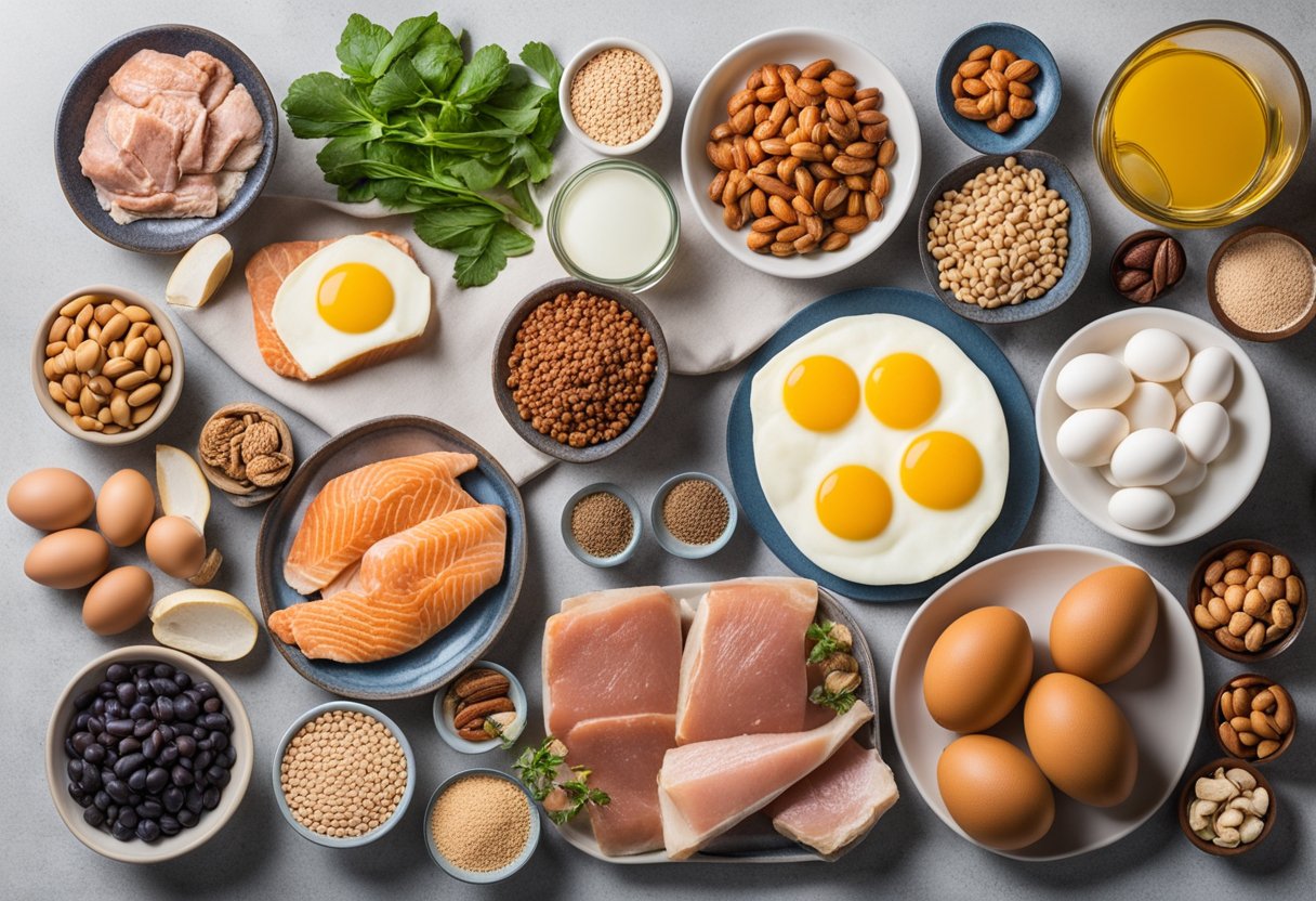 A variety of protein-rich foods arranged on a table, with a focus on lean meats, fish, eggs, nuts, and legumes