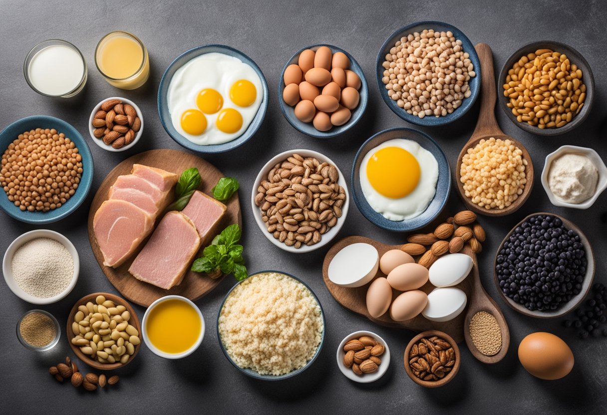 A variety of protein-rich foods arranged on a table, including lean meats, eggs, dairy products, legumes, and nuts