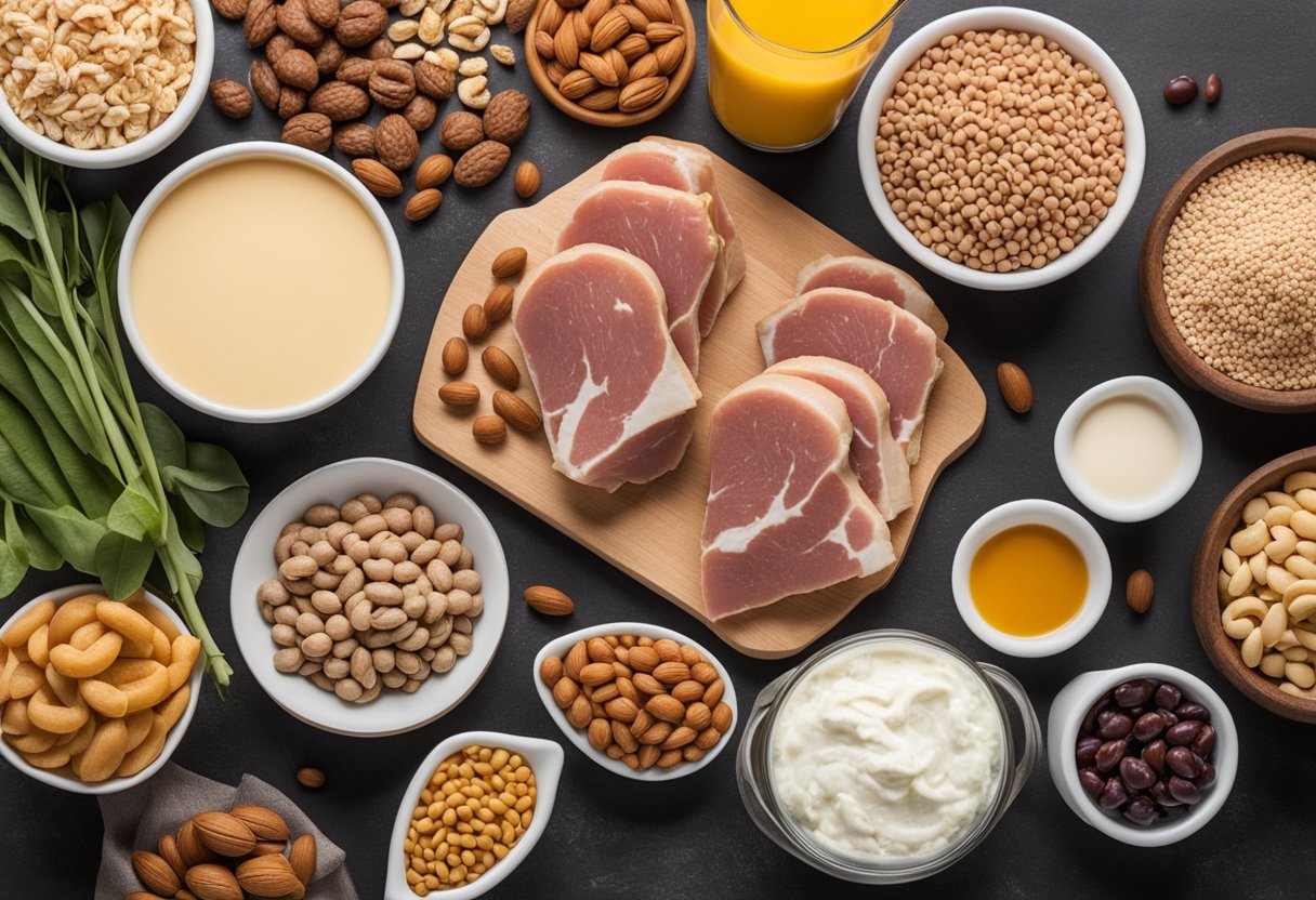 A protein-rich meal spread out on a table, including lean meats, legumes, nuts, and dairy products