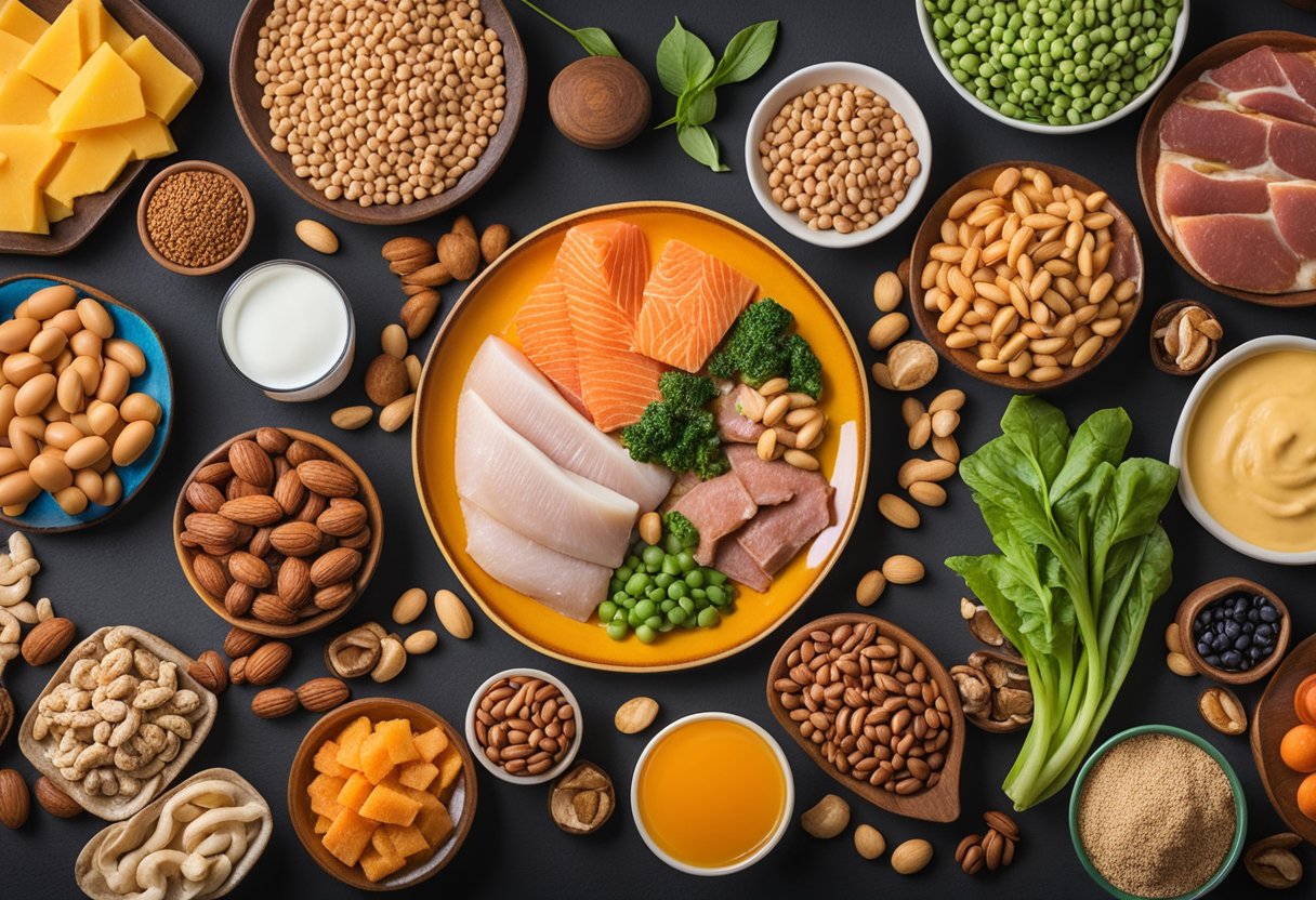 A colorful array of protein-rich foods, such as lean meats, fish, nuts, and beans, arranged on a vibrant plate