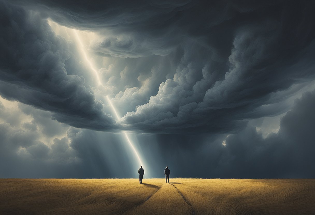 A lone figure stands strong amidst stormy clouds, radiating inner strength and determination. A beam of light breaks through, symbolizing hope and resilience