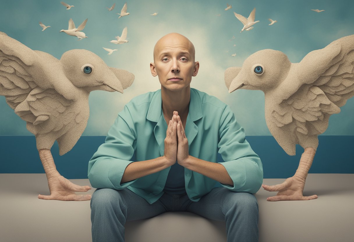 A person facing cancer treatment, showing resilience and strength. Emotions are depicted through body language and facial expressions