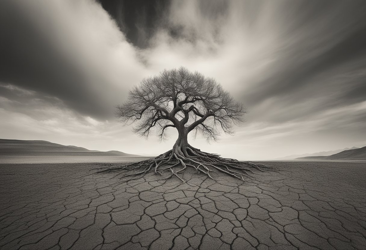 A lone tree stands tall in a barren landscape, its roots digging deep into the rocky ground. Despite the harsh environment, the tree thrives, symbolizing resilience and strength in the face of adversity