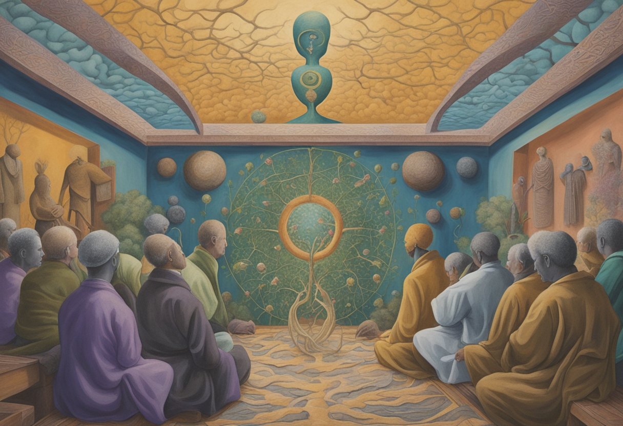 A cancer warrior stands between two contrasting paths: traditional medicine and holistic healing. The room is filled with tension as supporters of each approach passionately argue their case