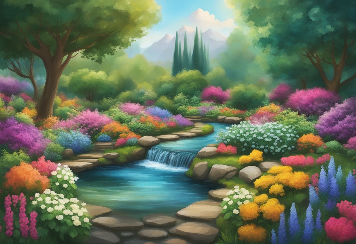 A serene garden with a flowing stream, surrounded by vibrant flowers and lush greenery, symbolizing the mind-body connection in holistic healing for a male cancer warrior