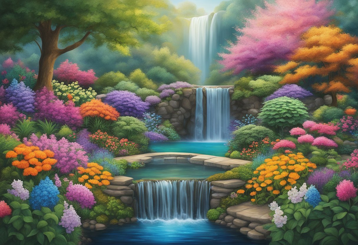 A serene garden with vibrant flowers and a peaceful waterfall, symbolizing holistic healing for a male cancer warrior