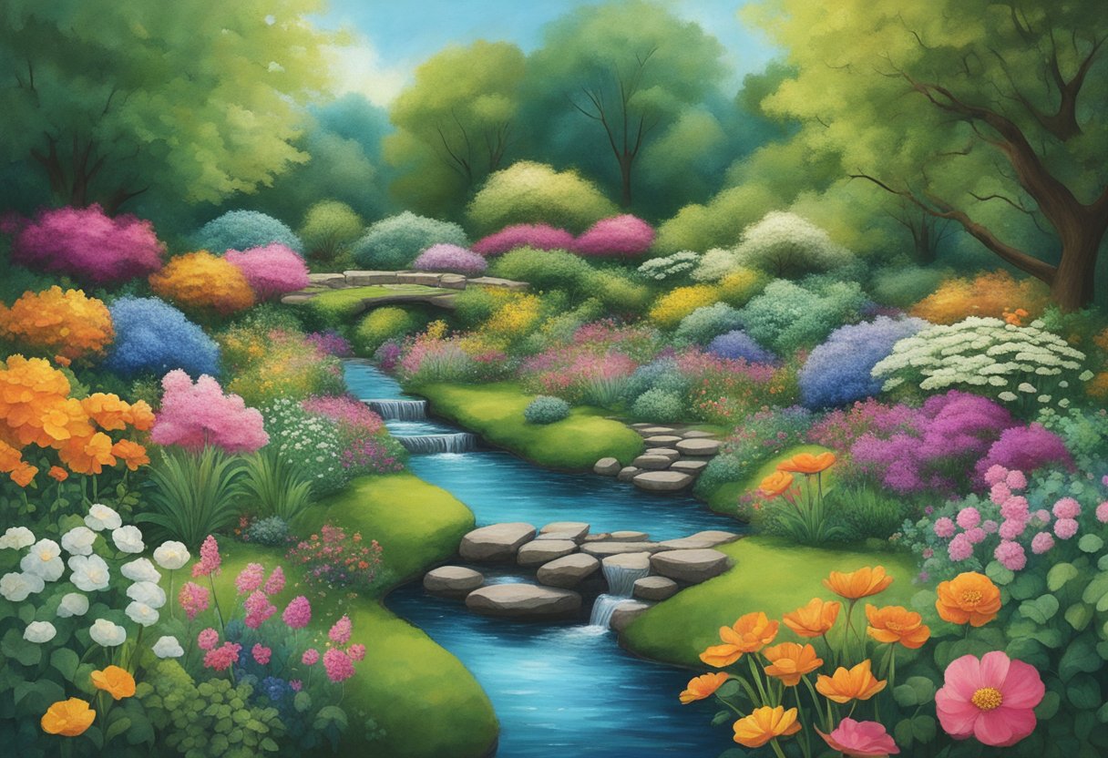A serene garden with a gentle stream, surrounded by vibrant flowers and lush greenery, symbolizing the holistic healing journey of a male cancer warrior