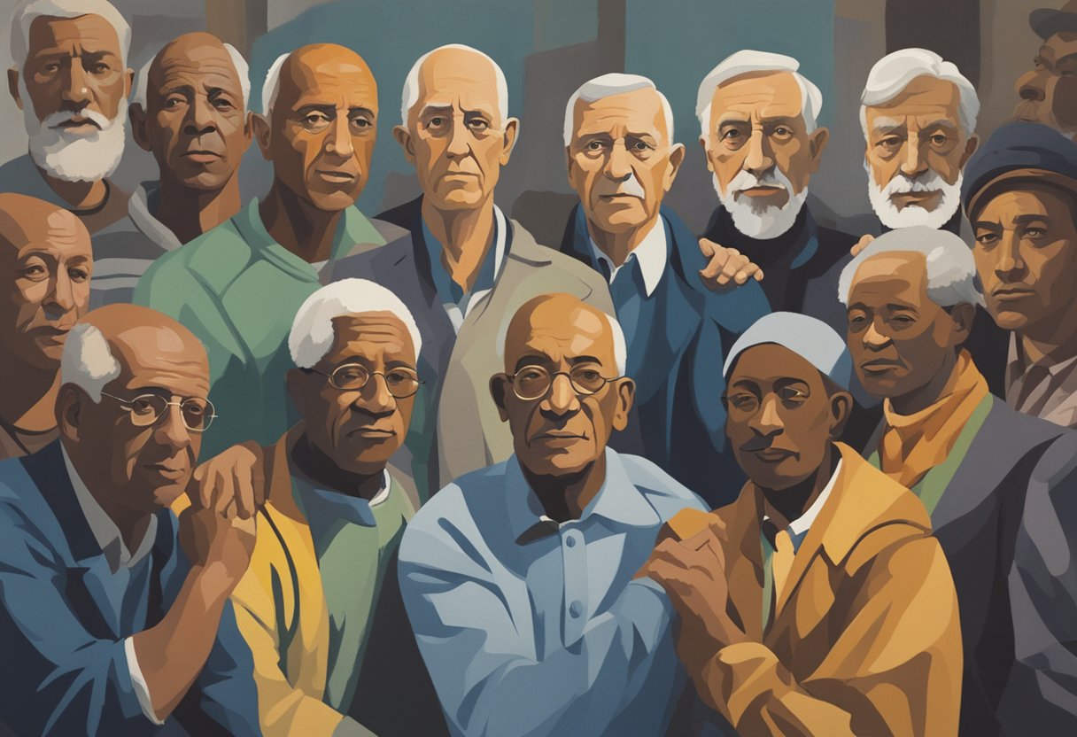 A group of diverse individuals gather in a circle, offering encouragement and support to a male cancer warrior. The community exudes strength and unity as they empower him to set realistic goals