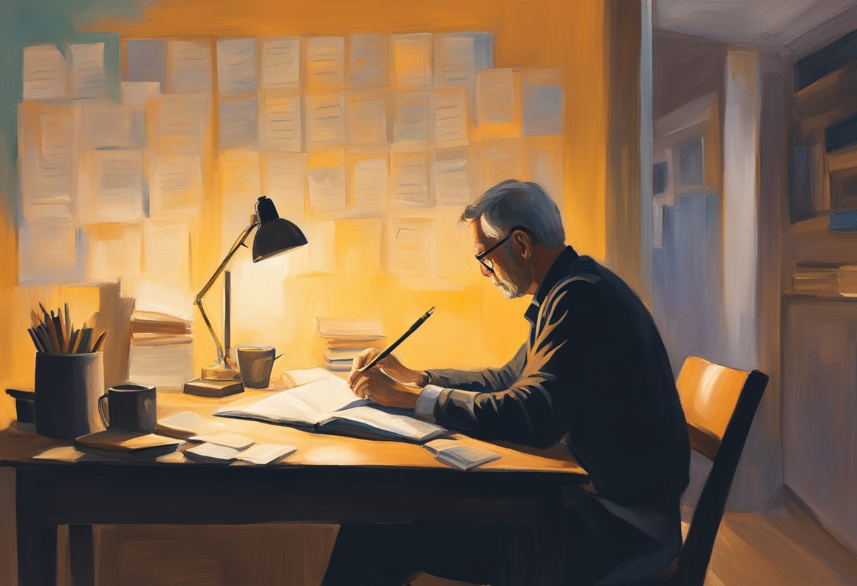 A man sits at a desk, writing in a journal. A soft glow from a nearby candle illuminates his focused expression. A calendar with cancer awareness ribbons hangs on the wall