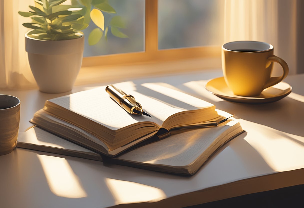 A journal lies open on a table, surrounded by a pen and a cup of tea. The sun streams through a window, casting a warm glow on the pages