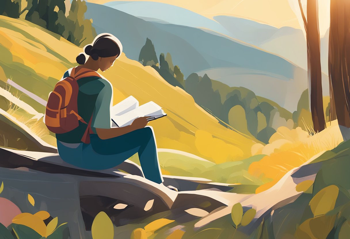 A cancer warrior writes in a gratitude journal, surrounded by peaceful nature and warm sunlight