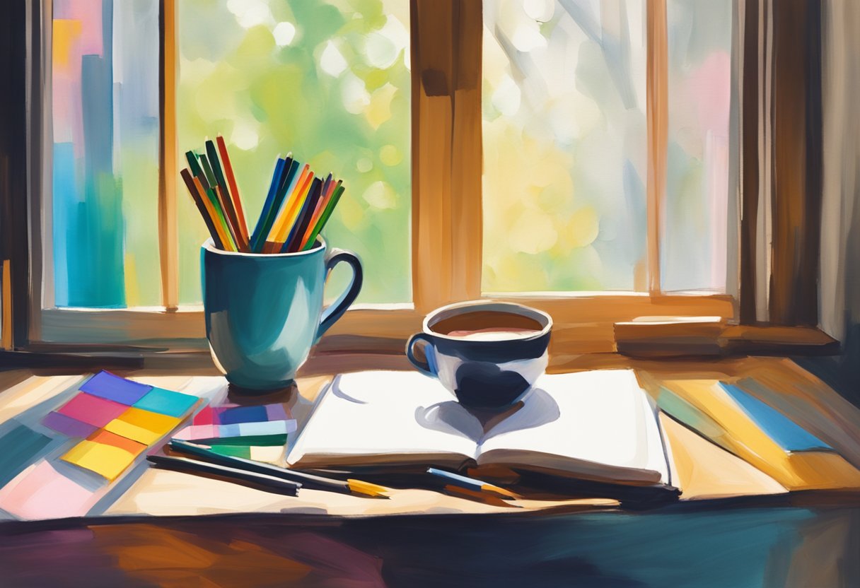 A desk with a blank journal, colorful pens, and a cup of tea. A window lets in soft natural light, creating a cozy and peaceful atmosphere