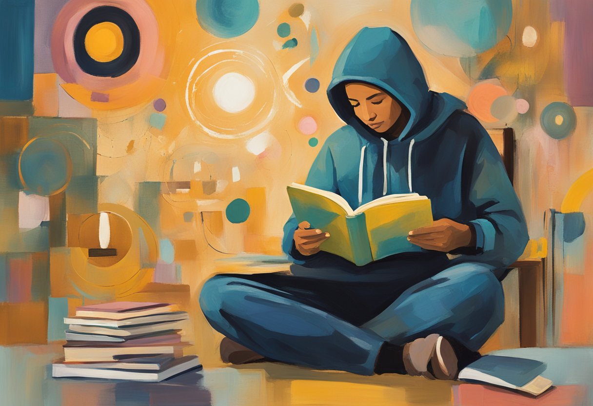 A cancer warrior sits with a journal, surrounded by symbols of positivity and gratitude. A warm, inviting atmosphere with soft lighting and comforting colors