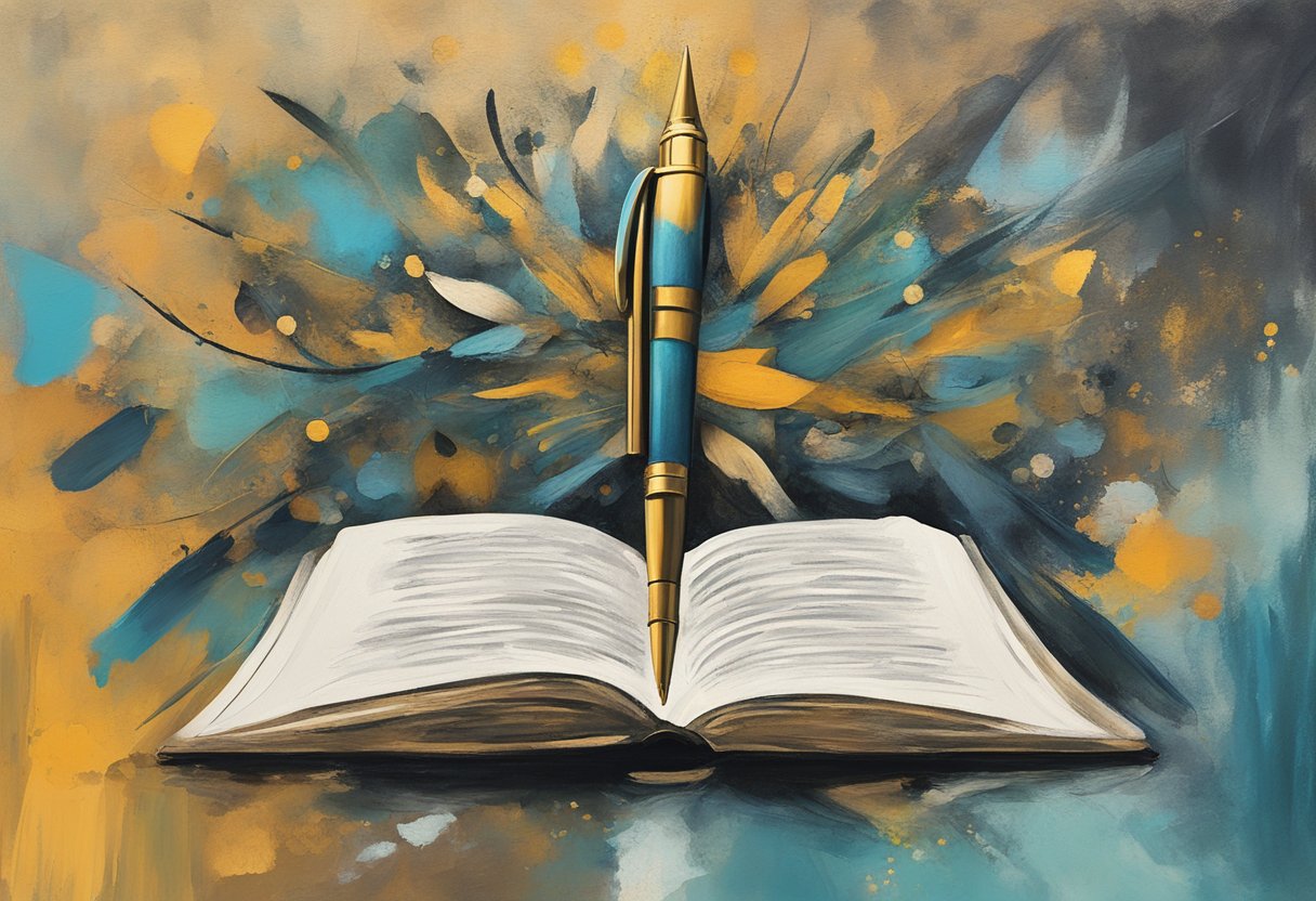 A pen hovers over a blank journal, ready to capture the healing power of gratitude. The journal is adorned with symbols of strength and resilience