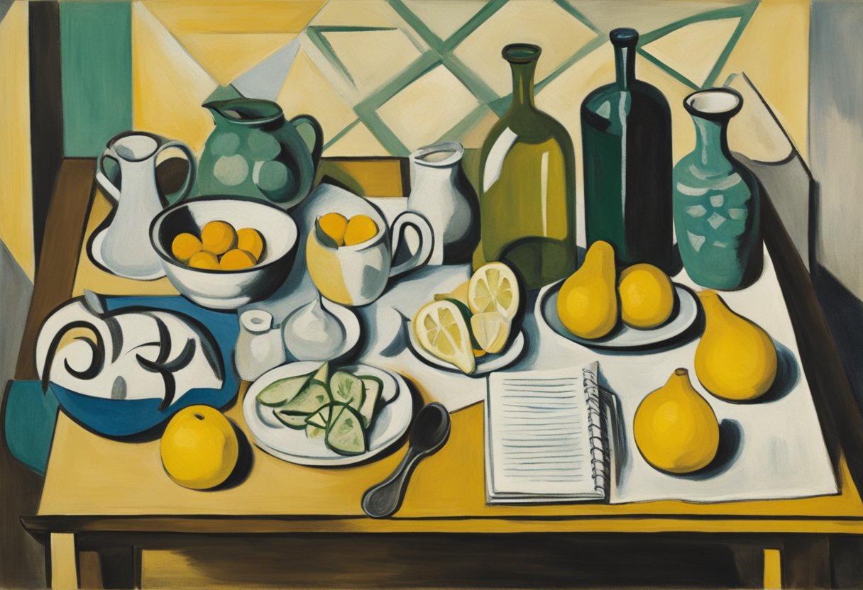 A table with balanced meals, a water bottle, and a notebook with a wellness plan. A cancer ribbon symbol in the background