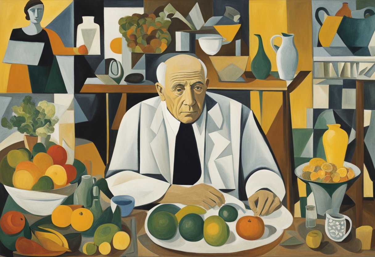 A man researching nutrition plans, surrounded by healthy food, exercise equipment, and supportive resources