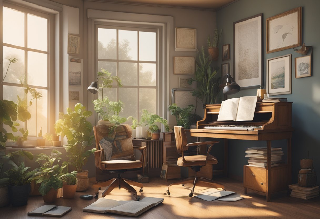 A desk with art supplies, a journal, and a guitar. A window with natural light. A cozy chair and plants