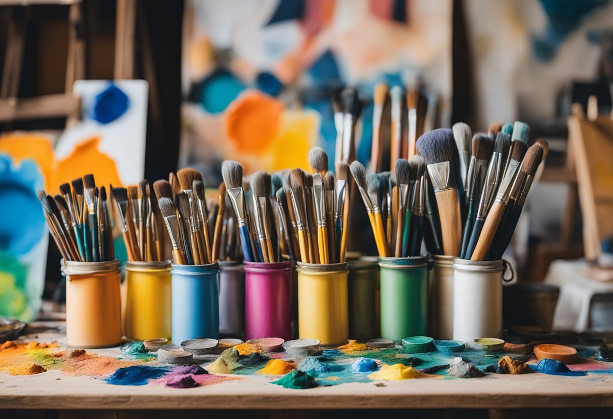A colorful palette of paint tubes and brushes arranged on a table, with a canvas and easel in the background
