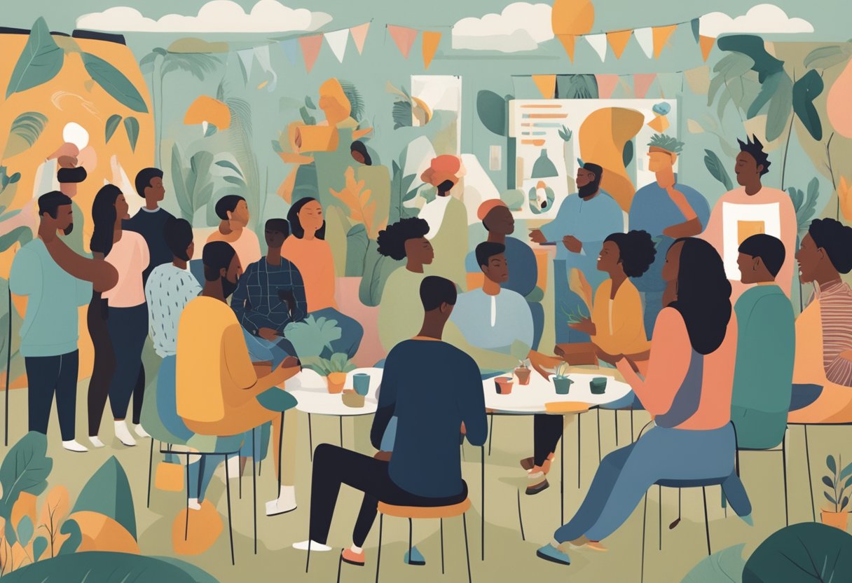 A group of diverse individuals gather in a welcoming space, engaging in creative activities and offering support to one another
