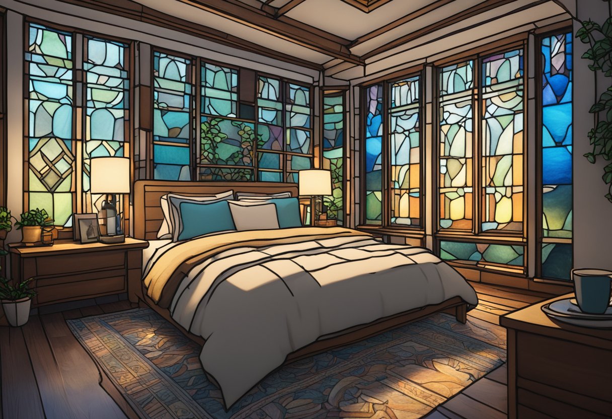 A serene bedroom with dim lighting, a tidy bed, and a calming color scheme. A journal and pen sit on the nightstand, along with a warm cup of herbal tea