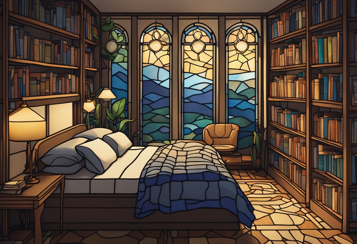 A peaceful bedroom with dim lighting, a cozy bed, and a journal on the nightstand. A bookshelf filled with self-help books on cancer and sleep hygiene
