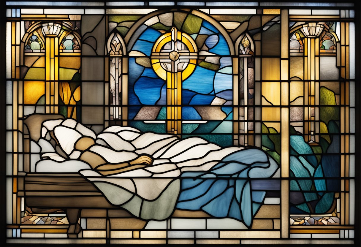 A figure lying in bed, surrounded by soothing elements like a comfortable pillow, soft lighting, and a warm blanket