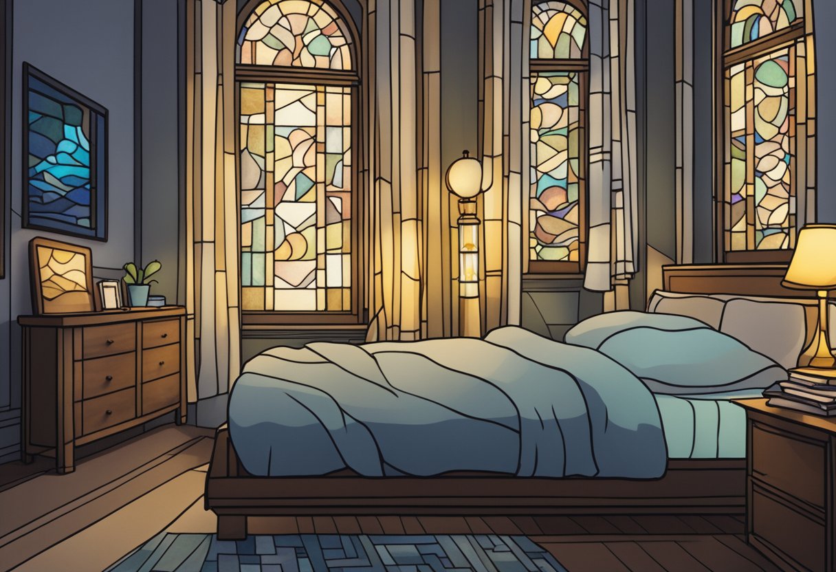 A tranquil bedroom with dim lighting, a clutter-free environment, and soothing colors. A journal and pen are placed on the nightstand, along with a sleep mask and earplugs