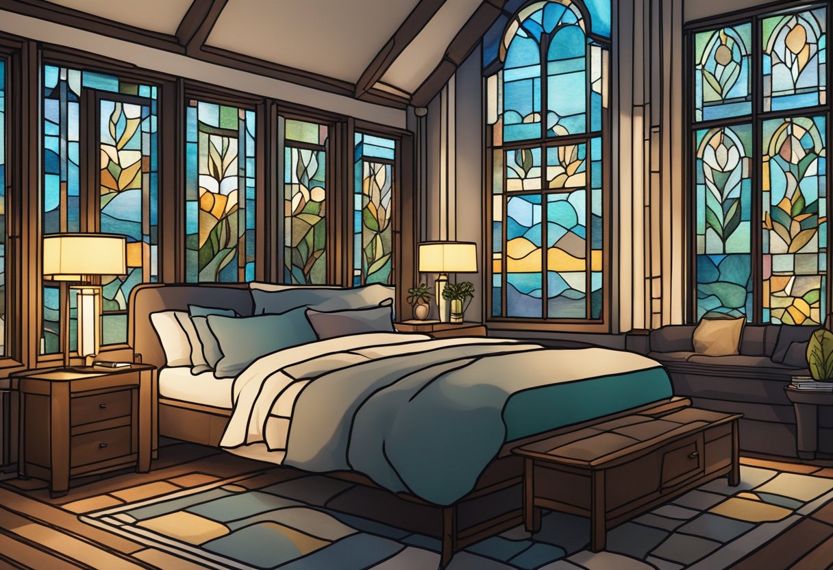A serene bedroom with dim lighting, a clutter-free environment, and calming decor. A journal and soothing music player on the nightstand
