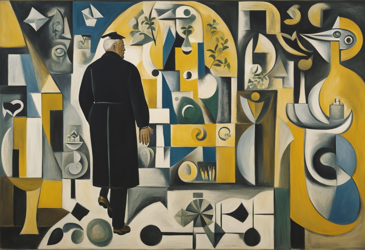 A man walks a winding path through a healthcare system, surrounded by symbols of spirituality and growth