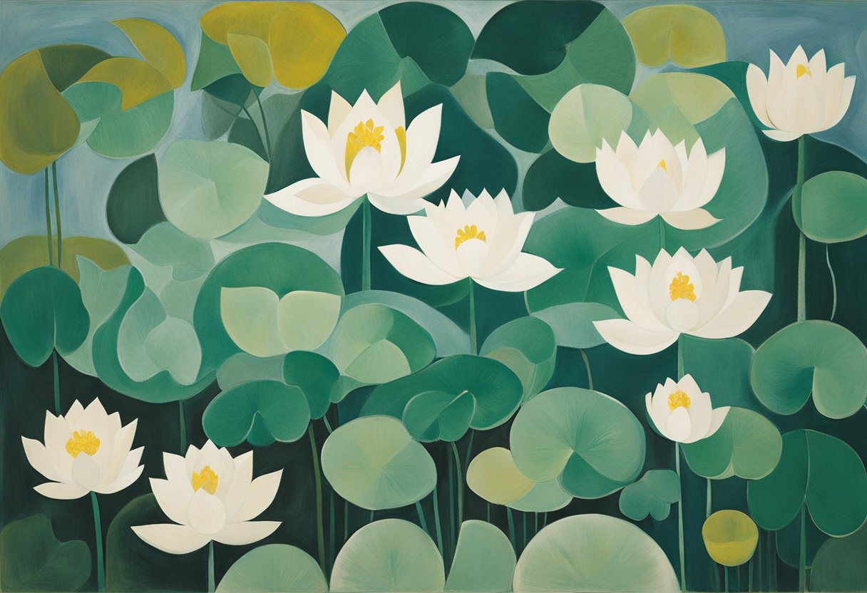 A serene garden with blooming lotus flowers and a winding path leading towards a glowing light, symbolizing spiritual growth for a male cancer thriver
