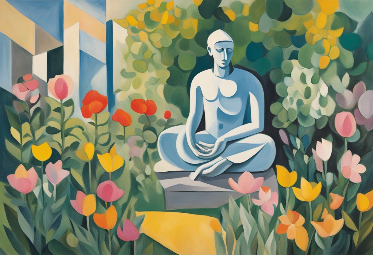 A serene figure meditates in a peaceful garden, surrounded by vibrant flowers and gentle sunlight, symbolizing the intersection of cancer and spirituality