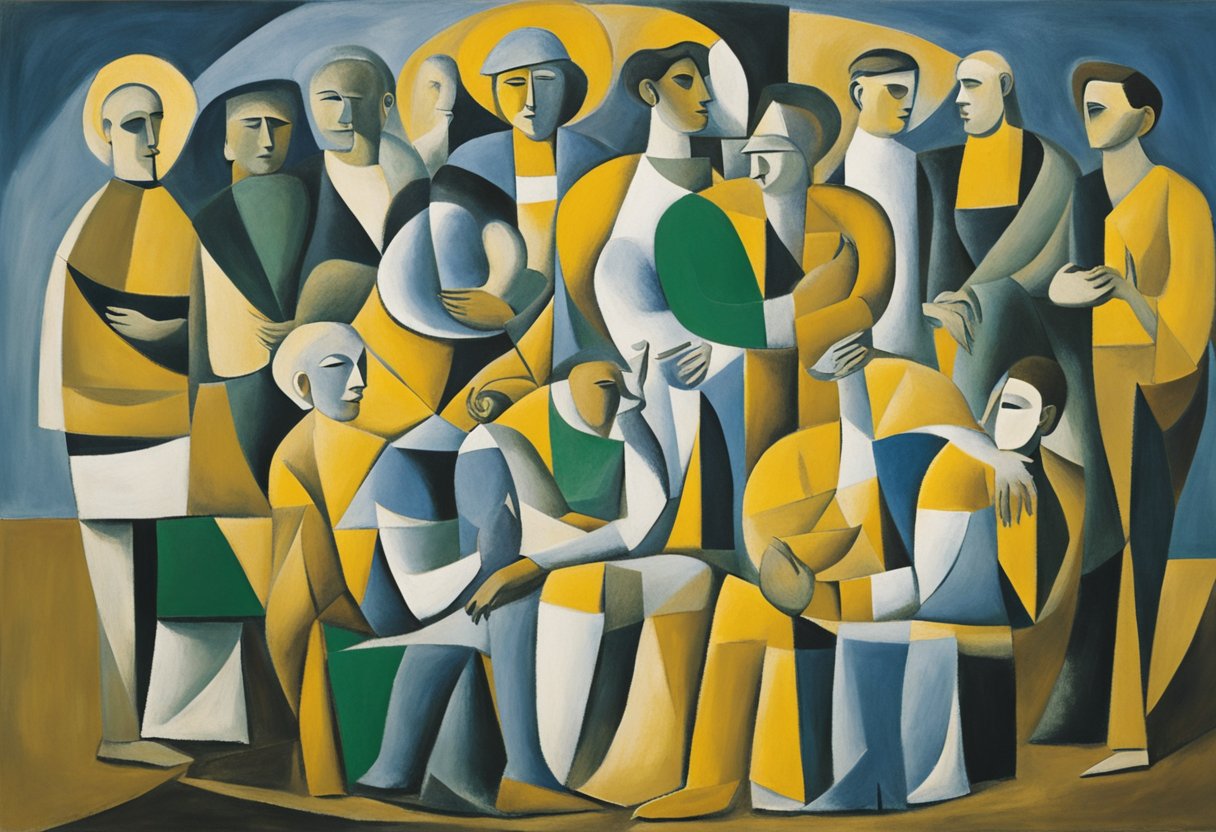 A group of people gather in a circle, offering support and encouragement to a male cancer thriver. Symbols of spiritual growth and healing surround them