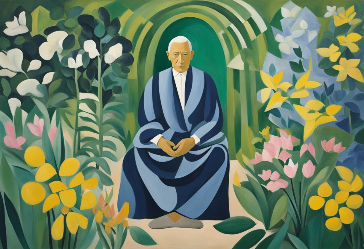 A serene figure meditates in a lush garden, surrounded by blooming flowers and vibrant greenery, emanating a sense of peace and inner harmony