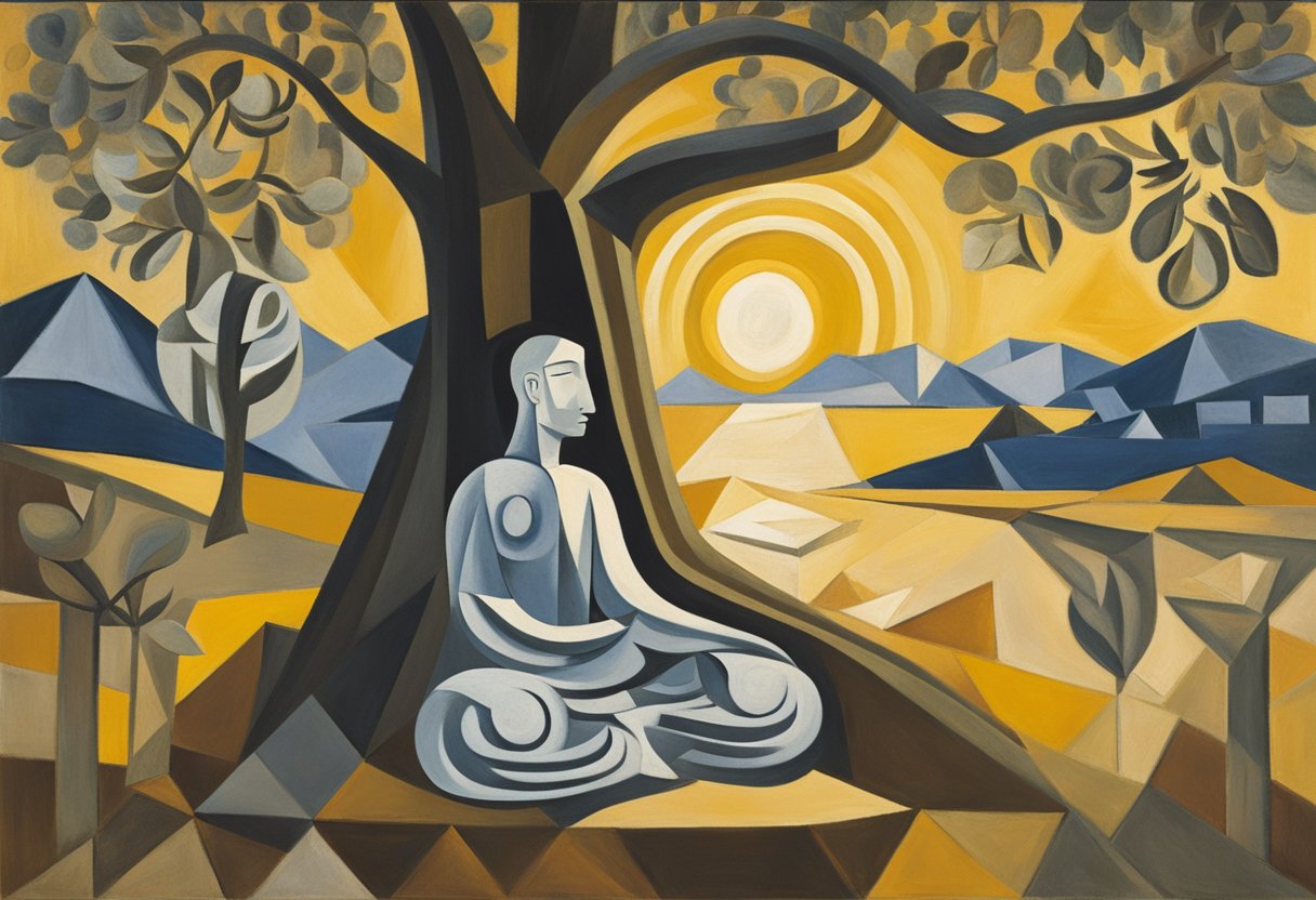 A serene figure meditates under a tree, surrounded by symbols of strength and hope. The sun rises, casting a warm glow over the scene