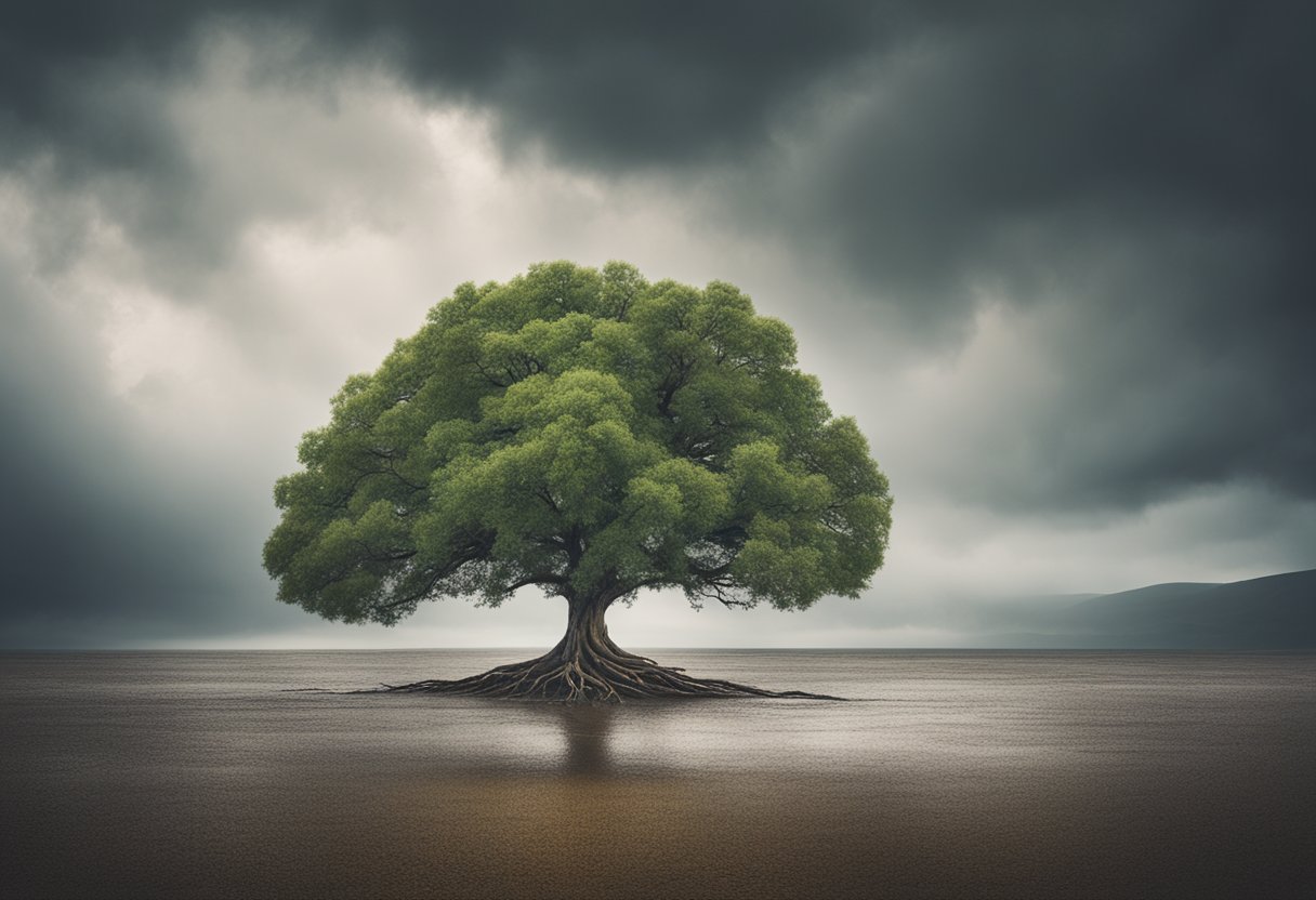 A lone tree stands tall amidst a storm, its roots firmly grounded as it weathers the winds and rain, symbolizing emotional resilience and personal growth