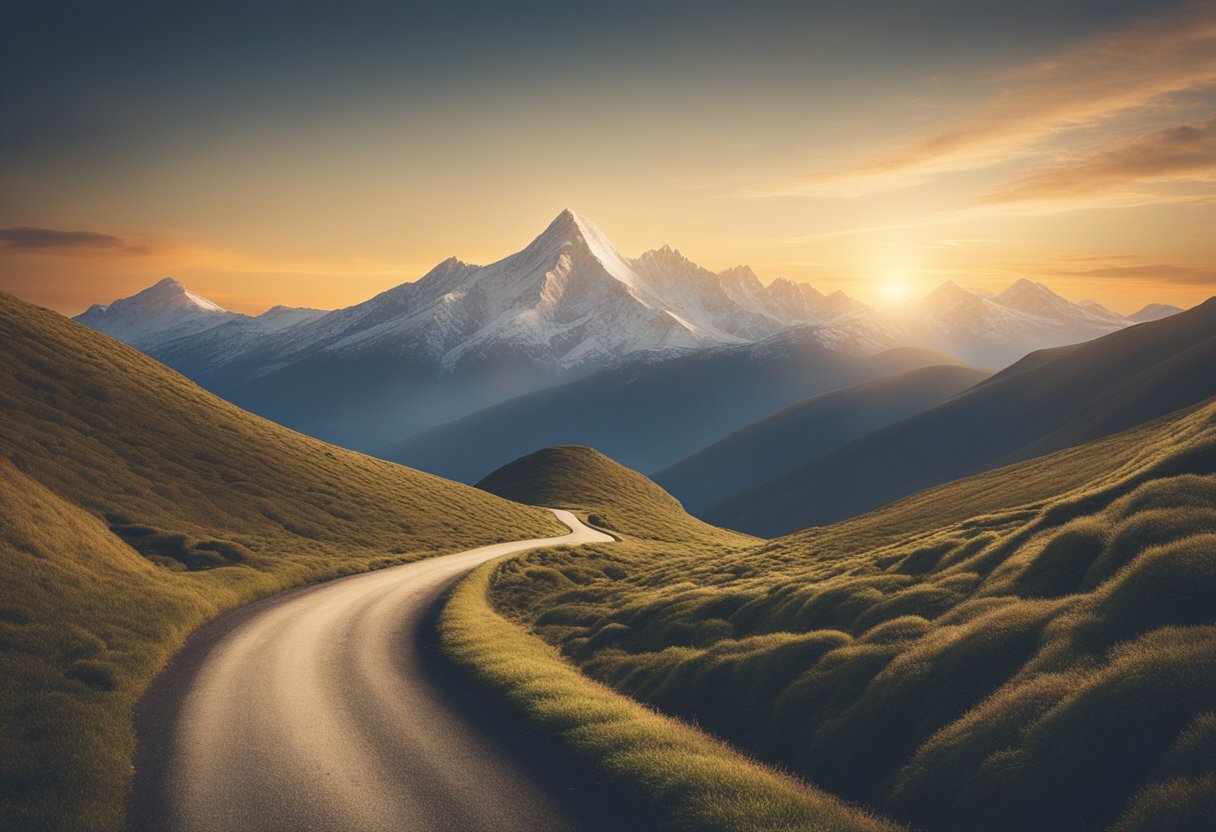 A winding road leading to a mountain peak, symbolizing personal growth and resilience. Sunrise illuminates the path ahead, representing hope and progress