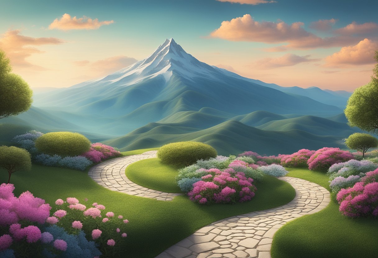 A serene garden with a winding path leading to a mountain peak, symbolizing personal growth and resilience