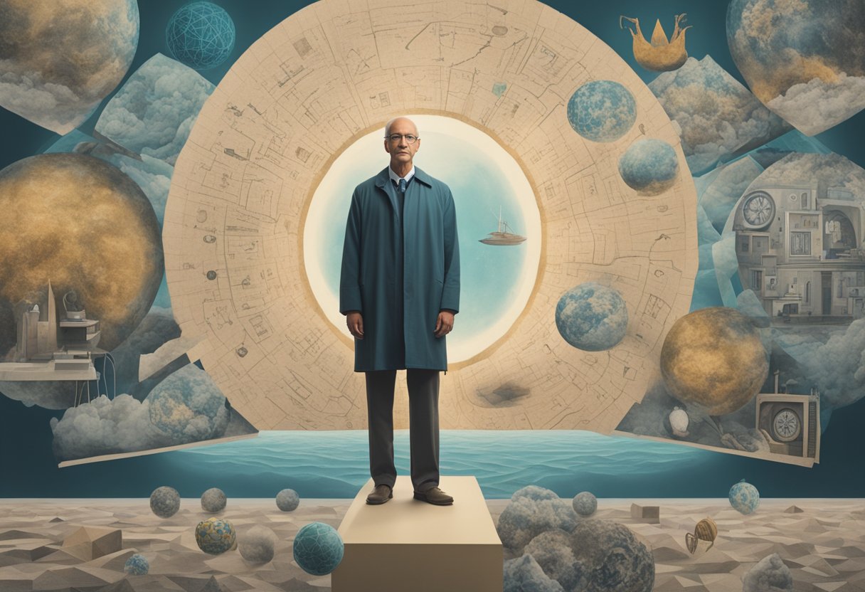 A man stands confidently, surrounded by medical imagery and symbols of personal growth, representing his journey as a cancer thriver