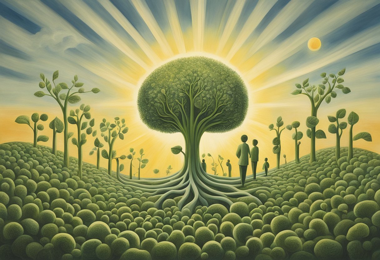 A sprouting plant reaching towards the sun, surrounded by supportive figures and symbols of progress and strength