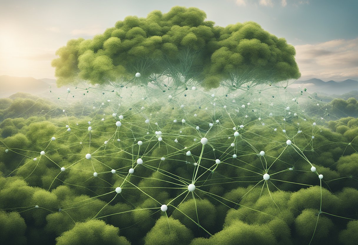 A group of interconnected nodes symbolize community and support networks, surrounded by sprouting plants representing personal growth goals for a male cancer thriver