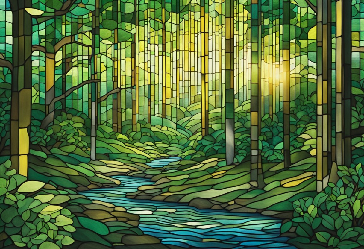 Lush green forest with sunlight streaming through trees, a tranquil stream flowing, and birds chirping