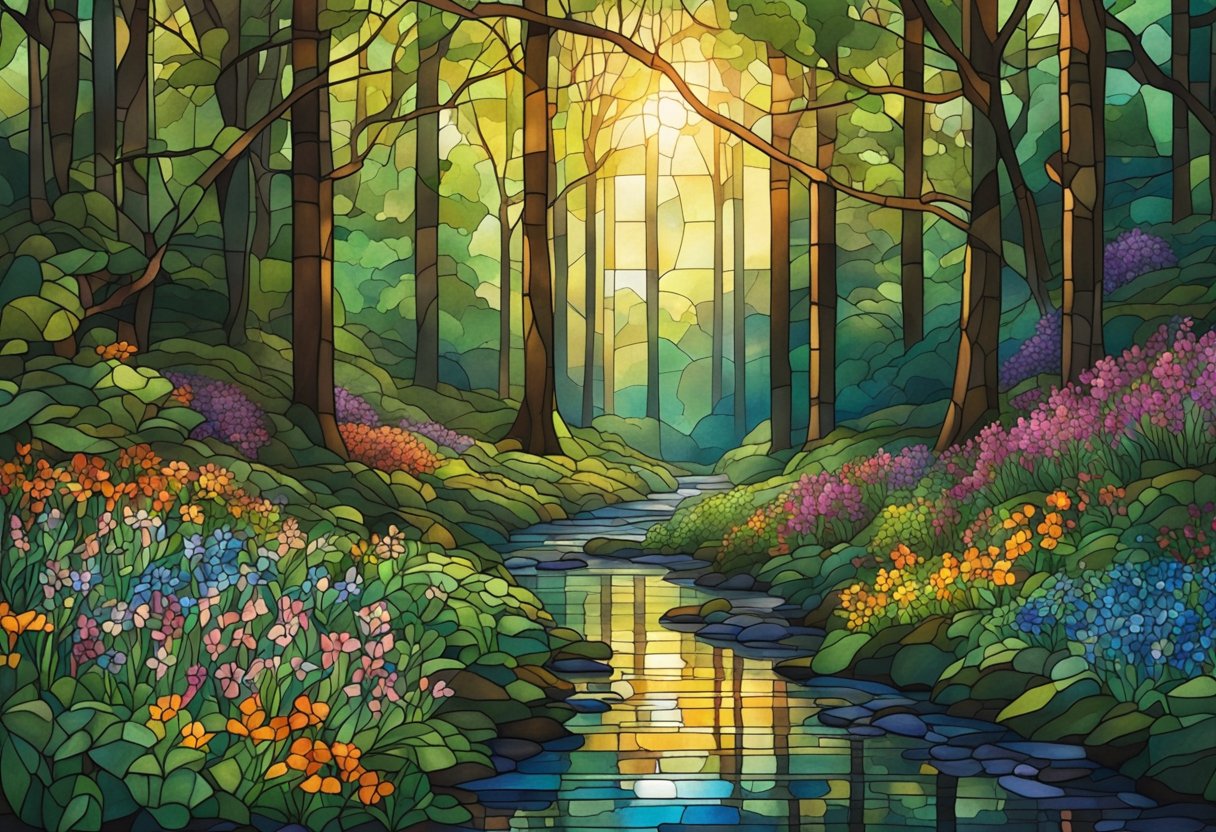 A serene forest with sunlight filtering through the trees, a peaceful stream, and vibrant wildflowers in bloom