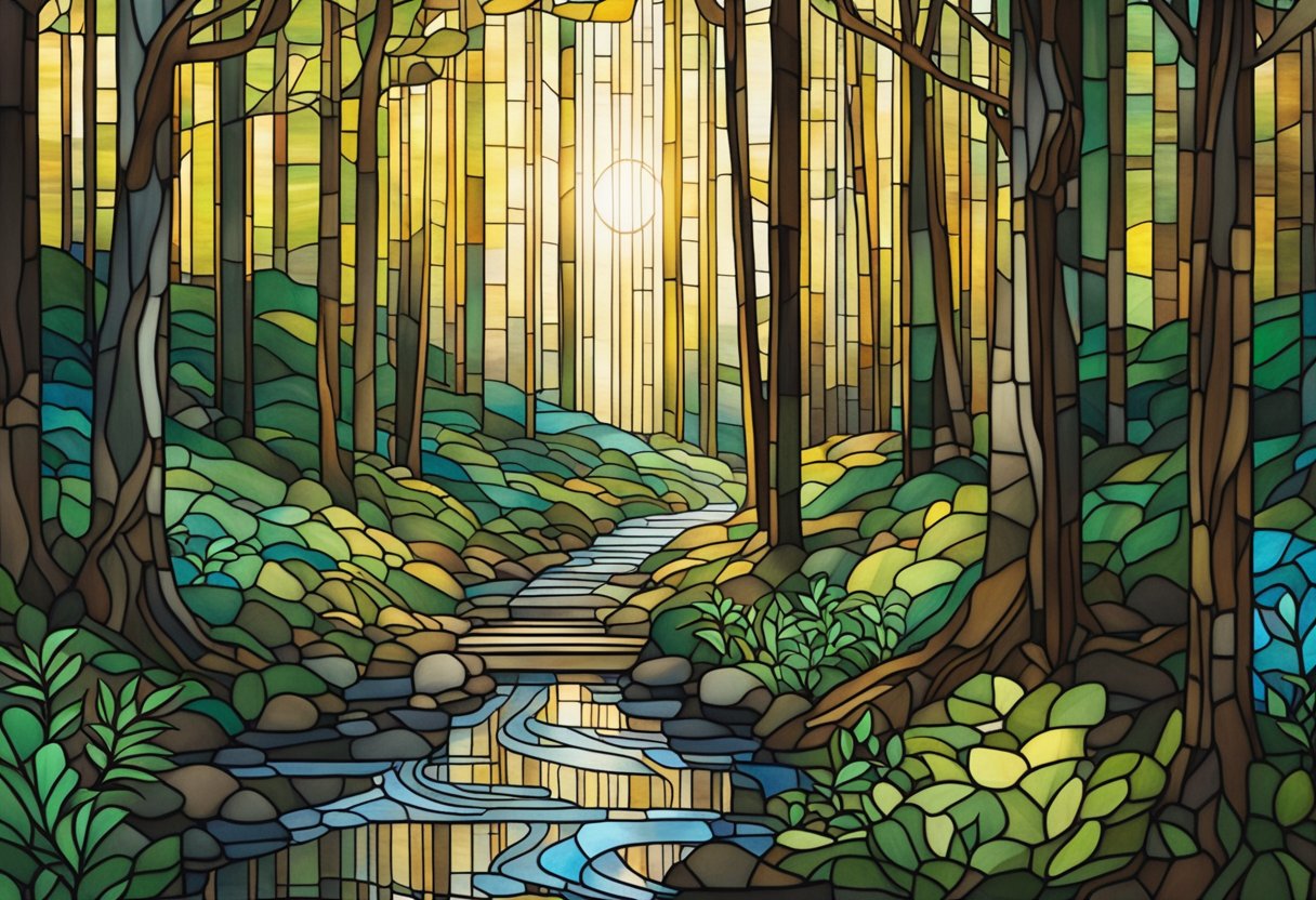 A serene forest clearing with sunlight streaming through the trees, a small stream trickling nearby, and a sense of peace and tranquility in the air